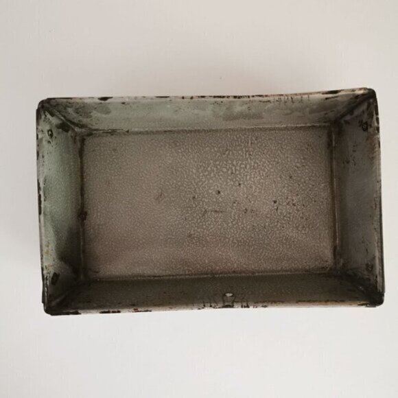 Vintage Enamel Baking Pan Loaf Folded Graniteware Gray Spatter Primitive Kitchen - Picture 3 of 10